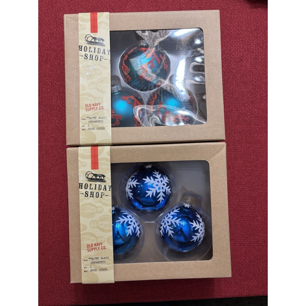 Collectors Old Navy Blown Glass "Good Cheer" Christmas Ornaments 2 Boxed Sets